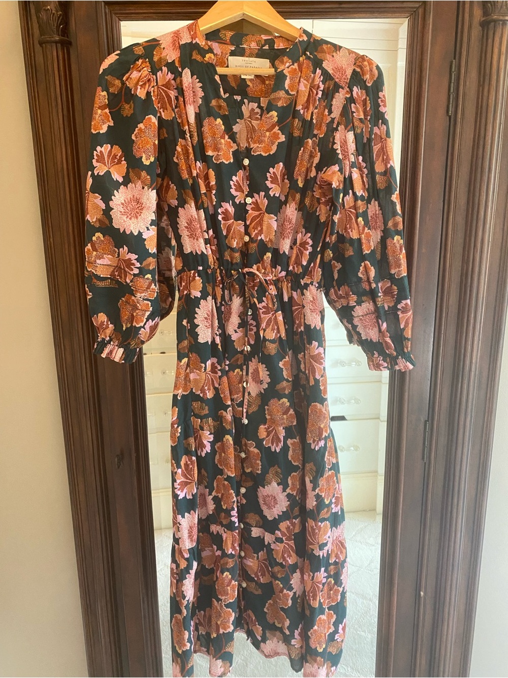 Trovata - Sylvie Midi Dress with Dark Green, Pink & Brown Floral Motif